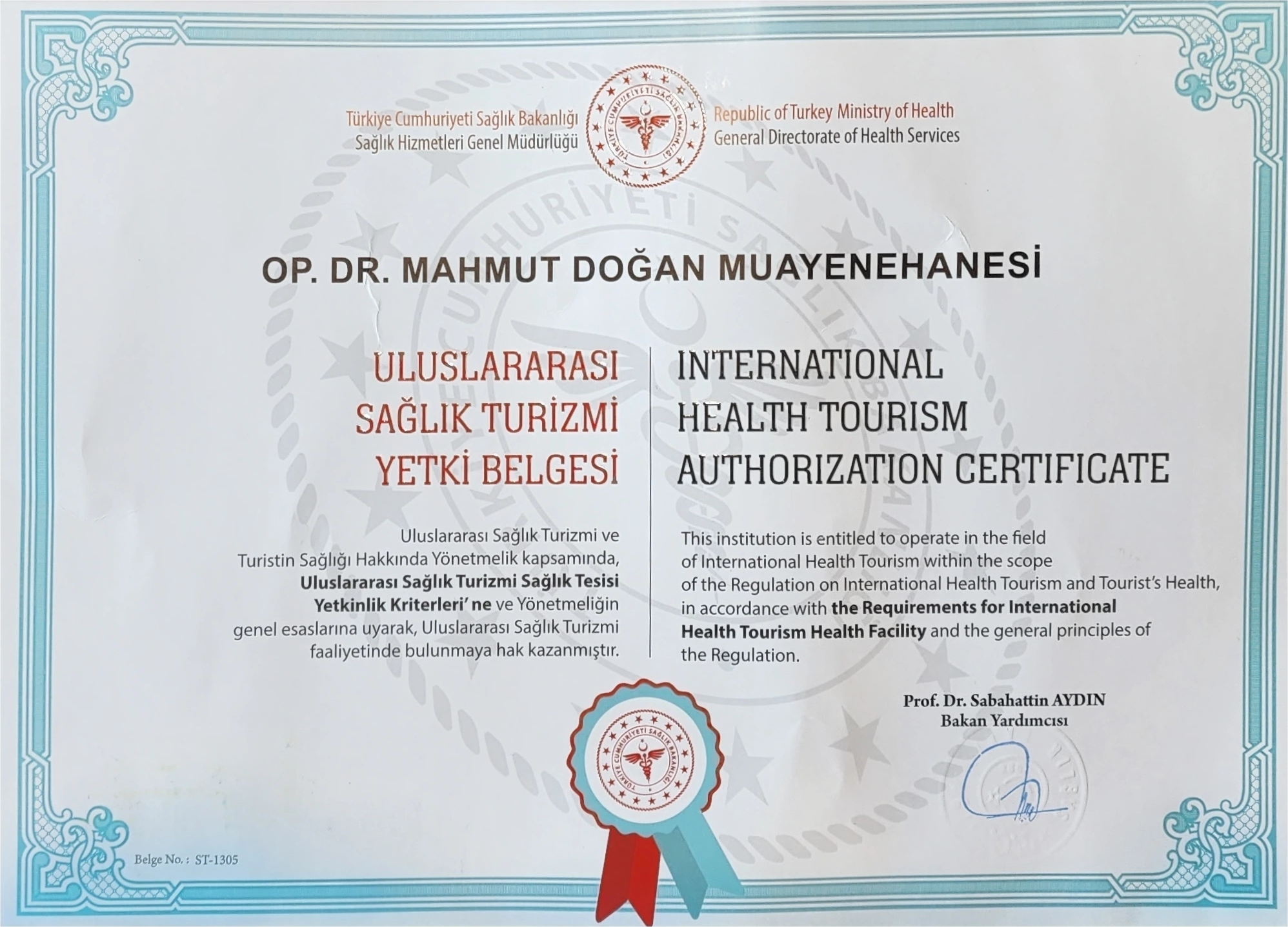 Uluslararası Sağlık Turizmi Yetki Belgesi